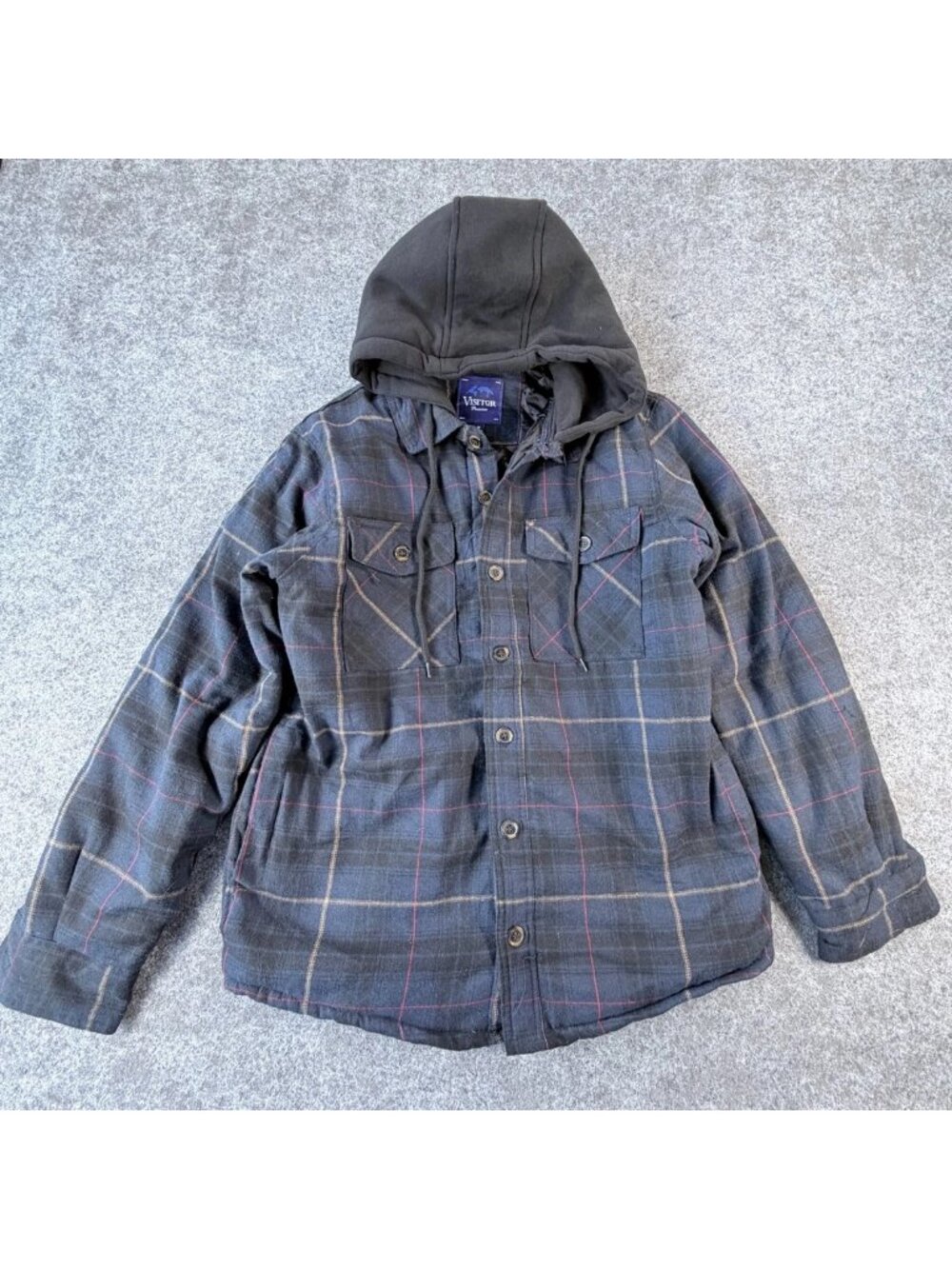 NWT Visitor Hooded Flannel‎ Shirt Jacket Mens M Blue Black Plaid Quilted Lined